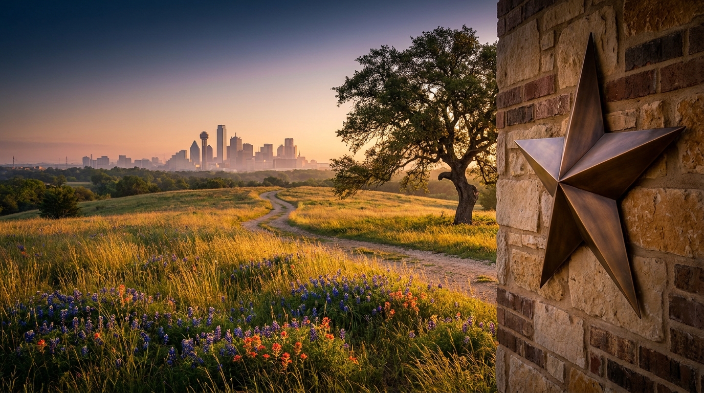Texas hill country at golden hour with Dallas skyline and a large bronze Lone Star mounted on a stone wall — Lone Star Counsel