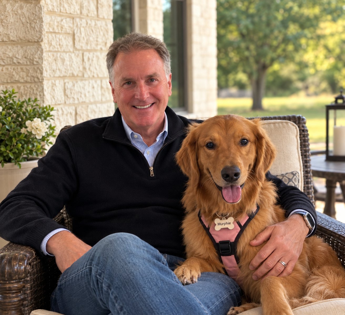Darryl V. Pratt, Esq., CPA, Principal and Managing Attorney of Lone Star Counsel, seated at home with his golden retriever Murphie.