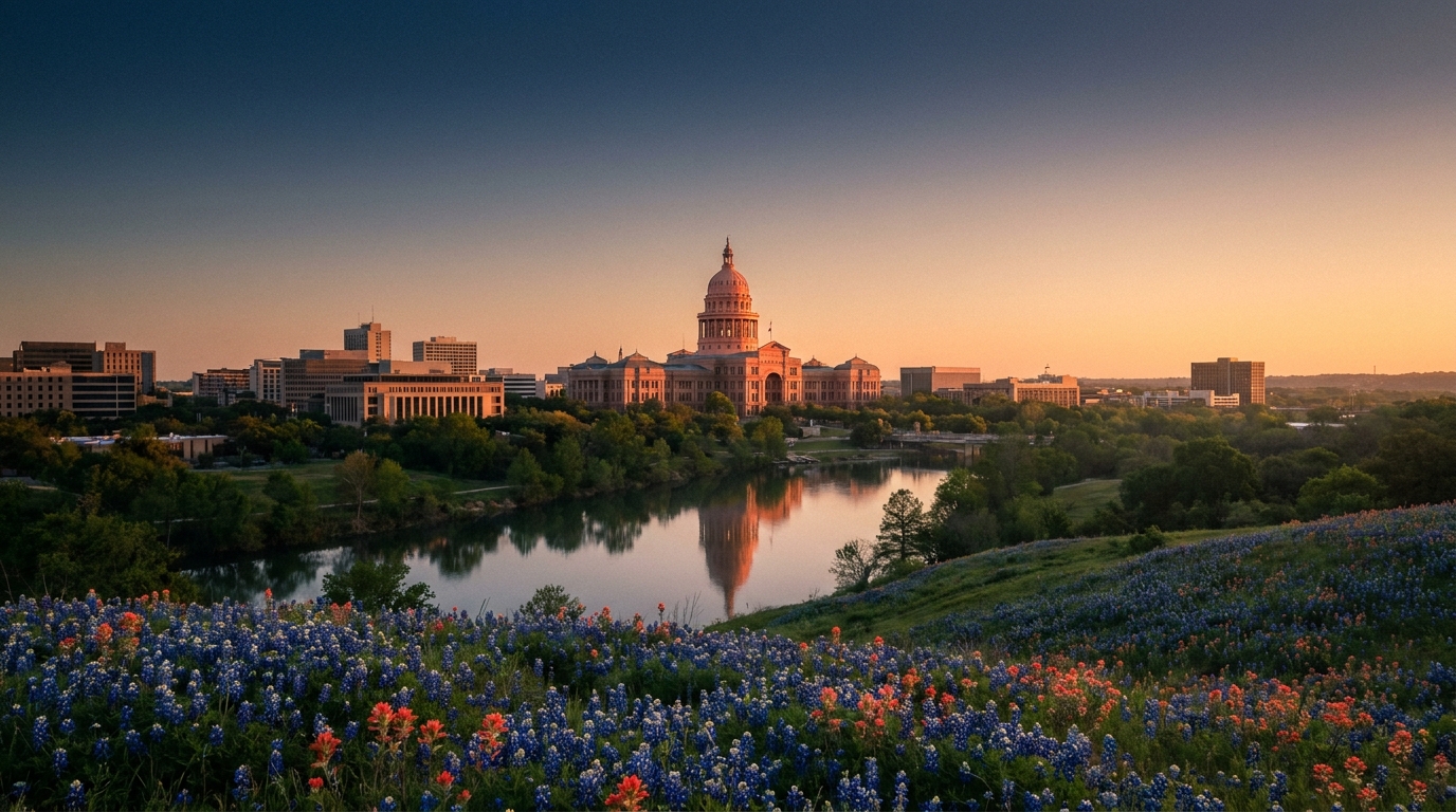Texas State Capitol at golden hour with hill country in the foreground