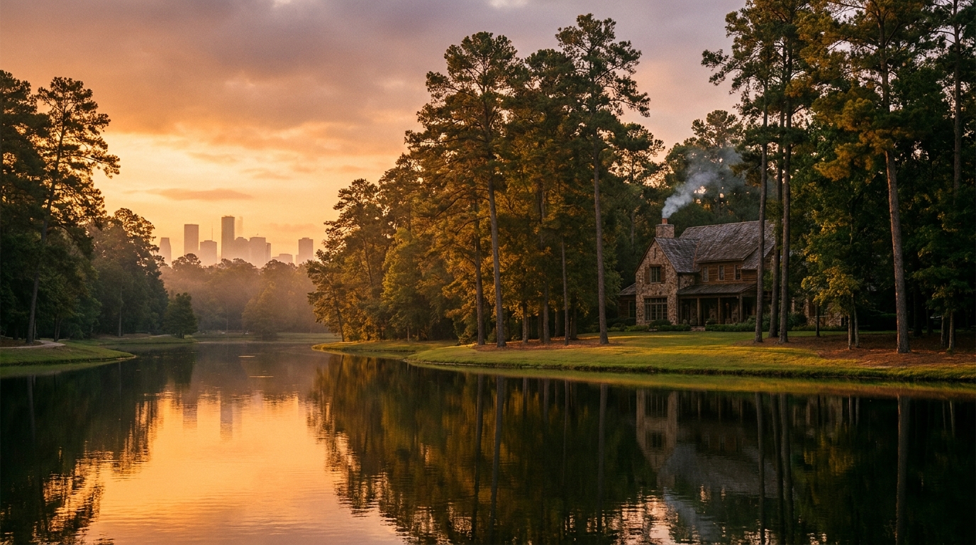 The Woodlands piney forest at golden hour