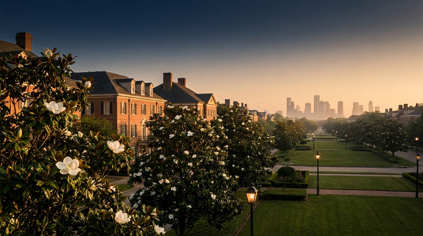 Sugar Land magnolia-lined boulevard at golden hour