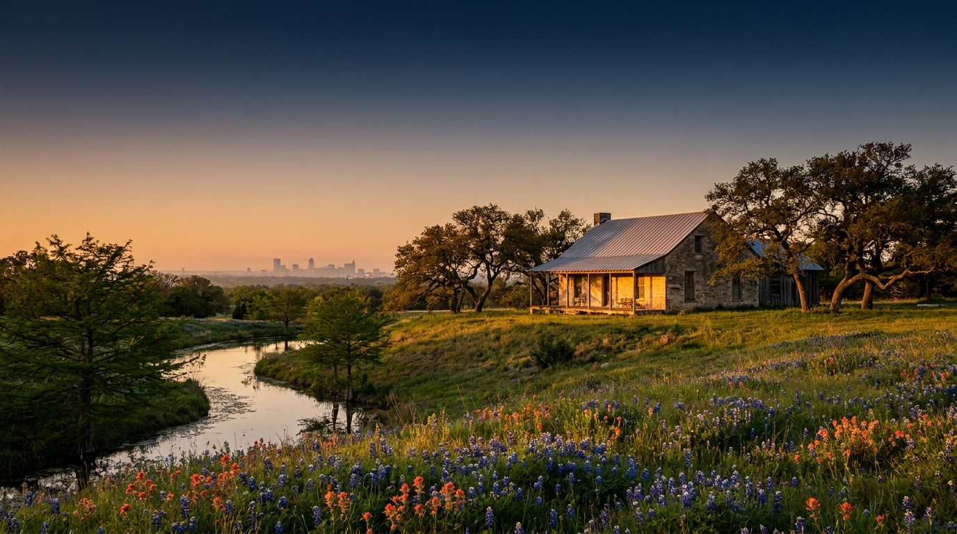 Boerne Hill Country limestone courthouse at golden hour